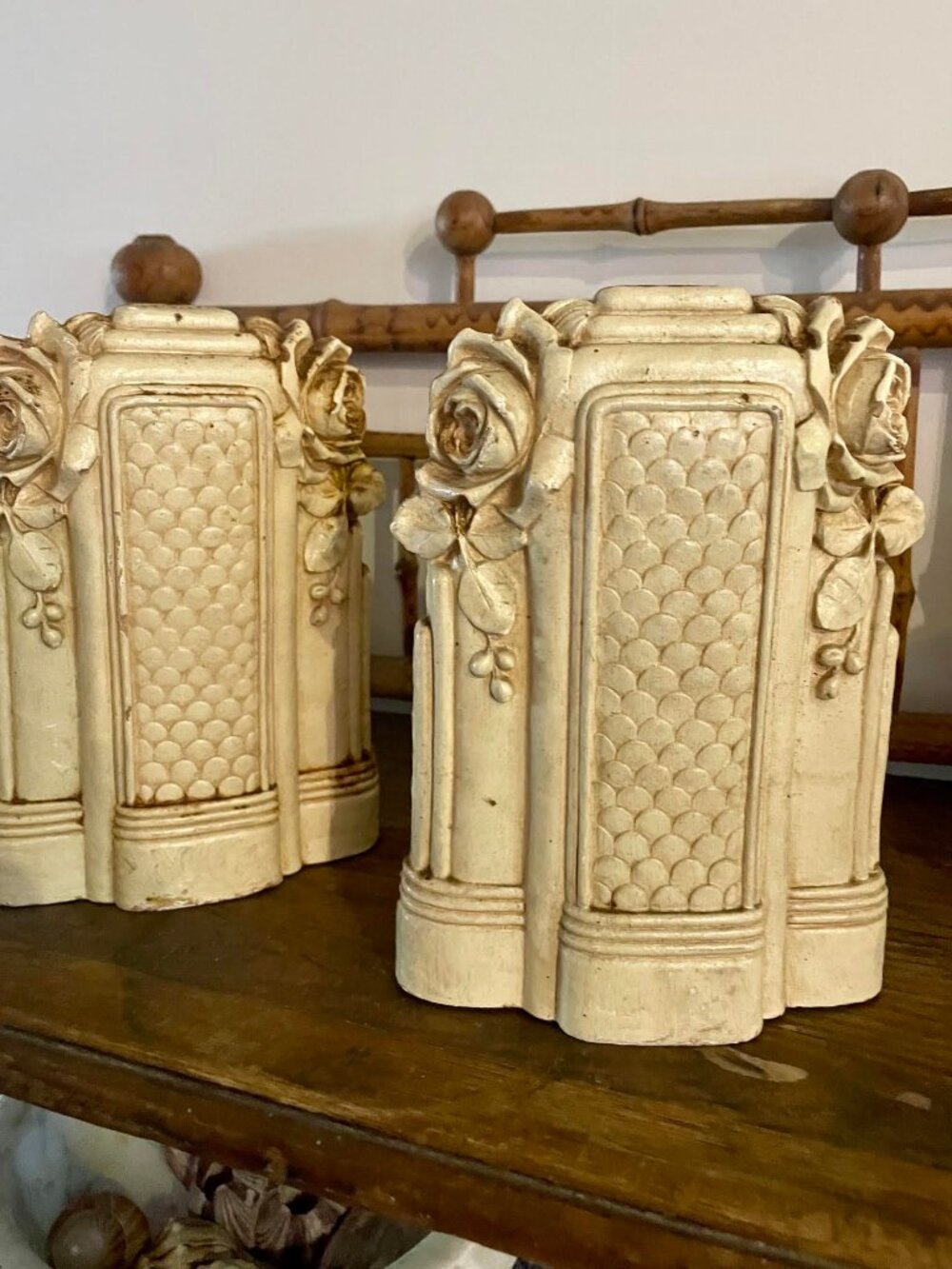 Vintage Rose Floral Bookends Pair Ivory French Country Chic